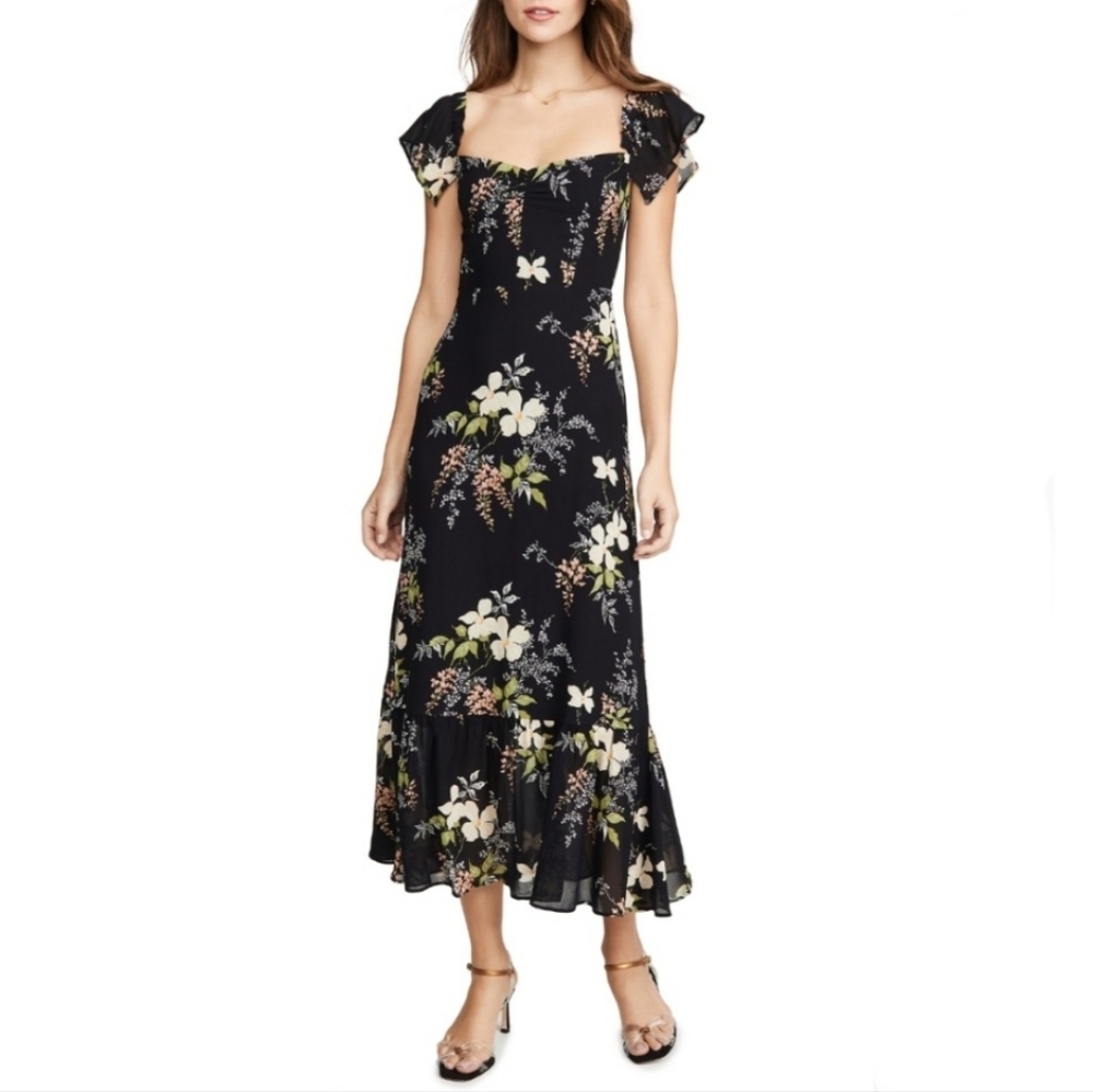 NEW Reformation Butterfly dress in Arielle Floral Print Black Flirty Midi 2